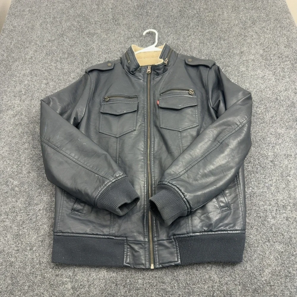 Levis Jacket Mens L Blue Faux Leather Sherpa Lined Bomber Moto Biker Style